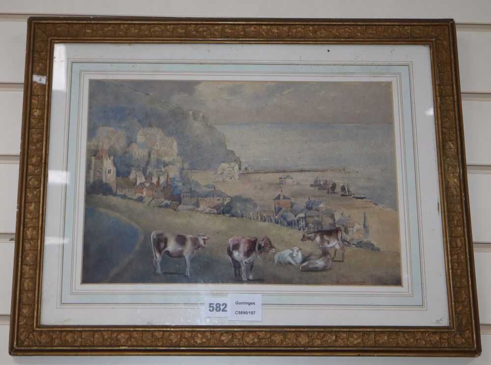 English School, watercolour, Naive view of Hastings, 1921, 25 x 38cm